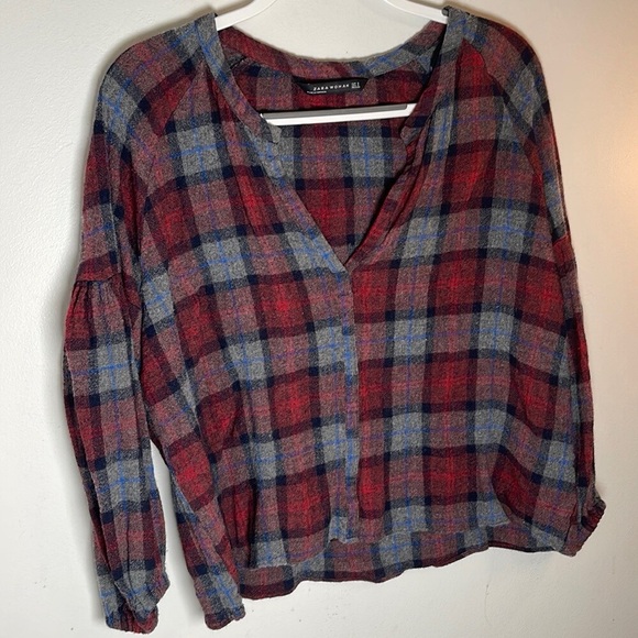 Zara wool blend plaid top with balloon sleeve detail - Picture 2 of 2